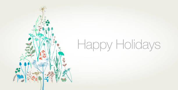 Happy Holidays Colourful silhouettes of Flowers and seed heads on a Christmas tree shape cow parsley stock illustrations