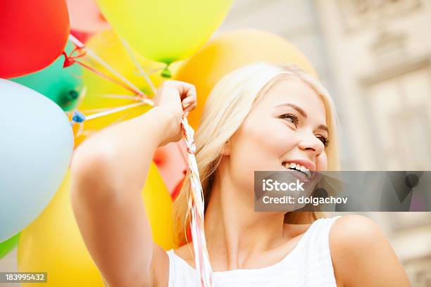 Woman With Colorful Balloons Stock Photo - Download Image Now - Adult, Anniversary, Beautiful People