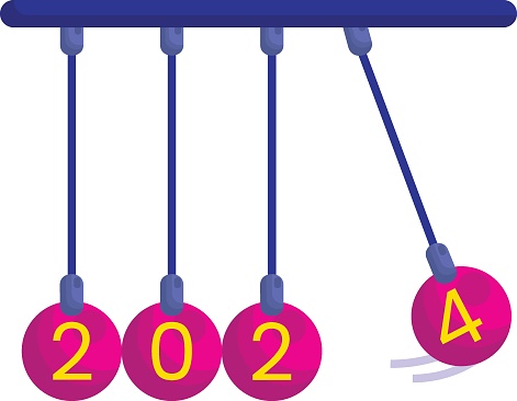 conservation of momentum 2024 concept, Newtons Cradle Loading  vector color icon design, Happy New Year 2024 Symbol, HNY Wishes Sign, New Years Eve celebration Element stock illustration