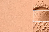 Peach fuzz is color of year 2024. Multiple textures surface in collage toned in fashion blended pink-orange trend-setting colour of the year Peach Fuzz.