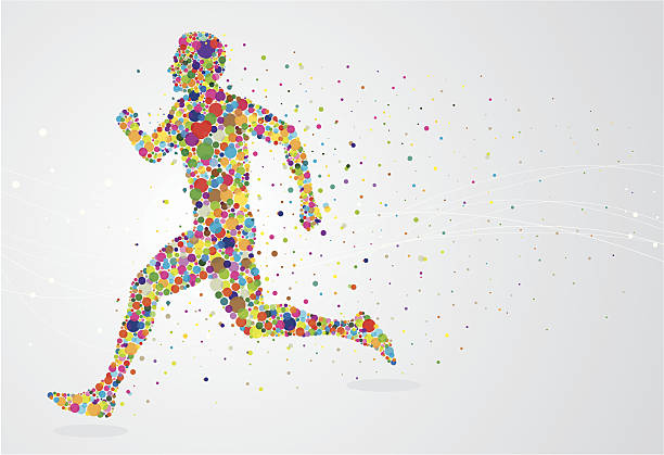 Running pixel man Running pixel man on an abstract background. Man and the pixels behind him are grouped and on different layers. Can be separated. Simple gradient was used on background. Included files are; Aics3 and Hi-res jpg. pursuit concept stock illustrations