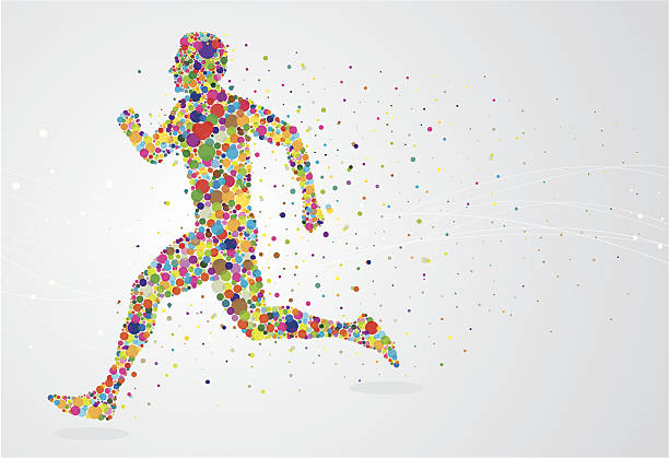 Running pixel man Running pixel man on an abstract background. Man and the pixels behind him are grouped and on different layers. Can be separated. Simple gradient was used on background. Included files are; Aics3 and Hi-res jpg. mens track stock illustrations