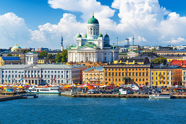 Helsinki, Finland Scenic summer panorama of the Market Square (Kauppatori) at the Old Town pier in Helsinki, Finland finland stock pictures, royalty-free photos & images