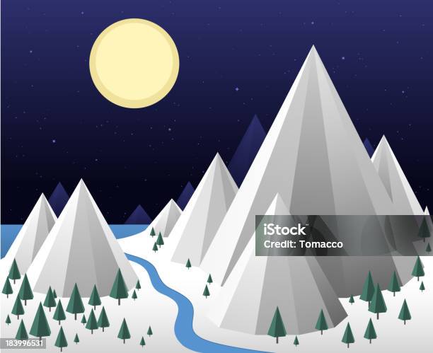 Inverno Paesaggio Notturno Con La Luna Piena Montagne E Del Fiume - Immagini vettoriali stock e altre immagini di A forma di stella