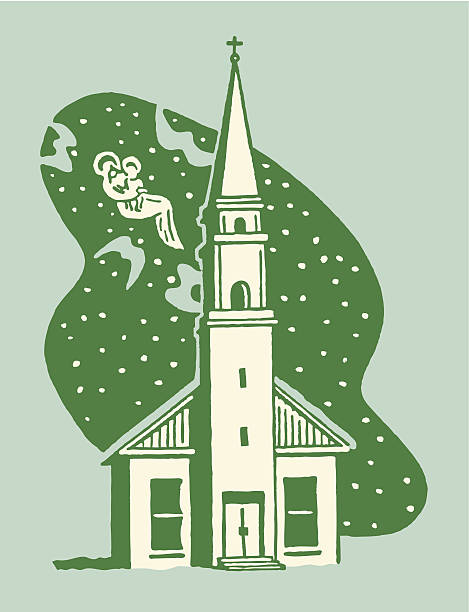 ilustrações, clipart, desenhos animados e ícones de pequena igreja à noite - church steeple vector christianity