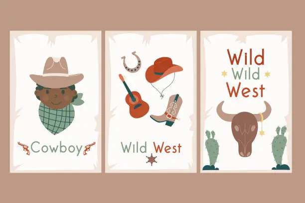 Vector illustration of Flat wild west posters, cards with inscriptions