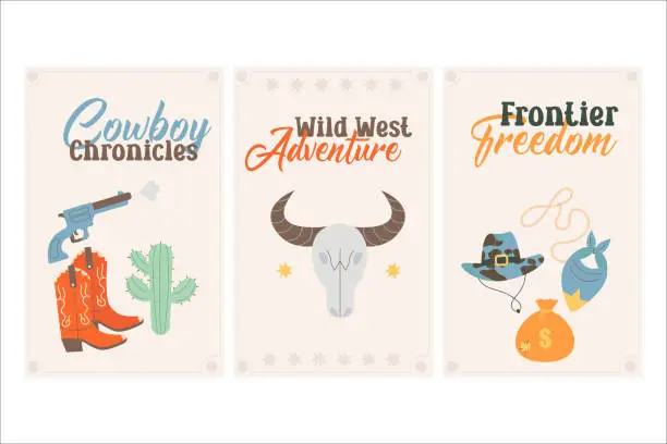 Vector illustration of Wild West posters, cards with inscriptions