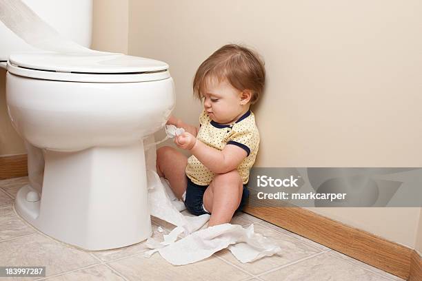 Toddler Ripping Up Toilet Paper Stock Photo - Download Image Now - Baby - Human Age, Toilet, 12-17 Months