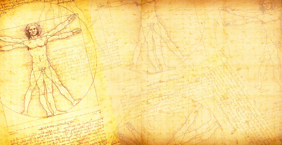 Anatomy art by Leonardo Da Vinci from 1492 on textured background.