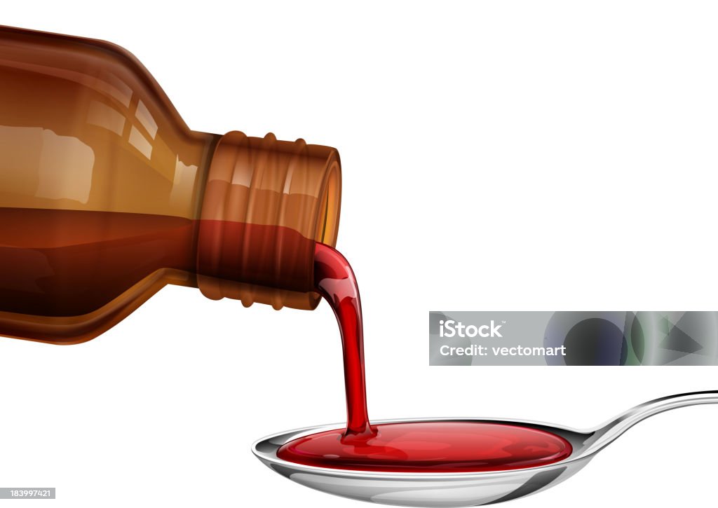 Bouteille de sirop de médecine à verser de la cuillère - clipart vectoriel de Cuillère à soupe libre de droits