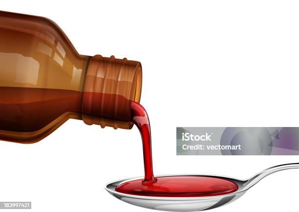 Bottiglia Versare Medicina Sciroppo Nel Cucchiaio - Immagini vettoriali stock e altre immagini di Cucchiaio da minestra - Cucchiaio da minestra, Farmaco, Liquido