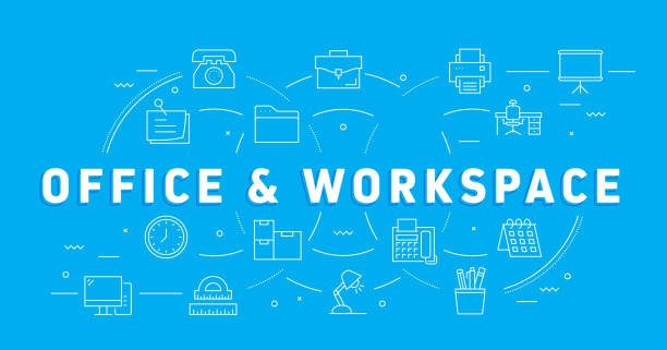 istock OFFICE AND WORKSPACE Related Line Style Banner Design for Web Page, Headline, Brochure, Annual Report and Book Cover 1840012627