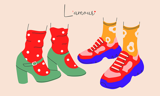 Lovely poster,card Lamour.Two people stand next to each other on date wearing fashionable shoes and bright socks.Vector