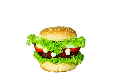 Hamburger, lettuce, tomato, onion, ketchup, mayonnaise. White background, cut out, isolated on white background