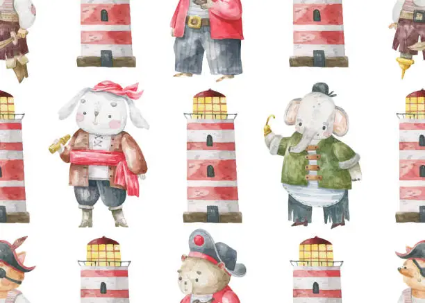 Vector illustration of Seamless pattern with wild animals in pirate costumes and sea lighthouses. Pirate Party. Cute background for baby items and baby room design. Festive background