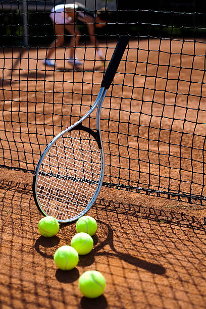 istock Tennis racket and balls, court 184002890