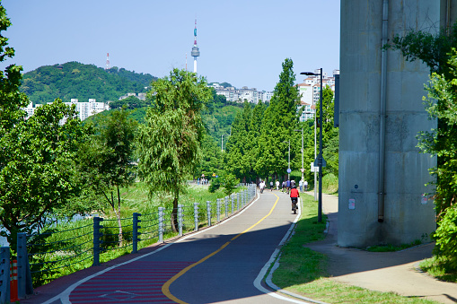 Ttukseom Hangang Park in Seoul offers a refreshing urban escape with its kilometers of beautifully maintained cycling and walking paths. Lined beside the serene Han River, these paths provide a perfect blend of leisure and scenic beauty, inviting both locals and visitors to explore and enjoy.