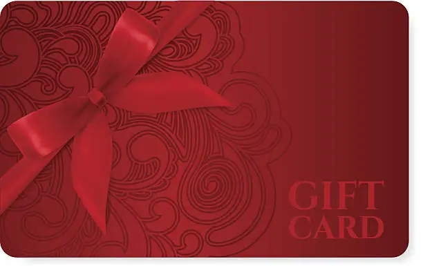 Vector illustration of Gift coupon, discount card, ticket. Filigree pattern (scroll) red bow