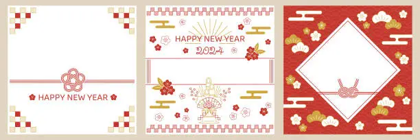 Vector illustration of New Year banner design. New Year template set. Retro and modern Japanese decorative illustrations.