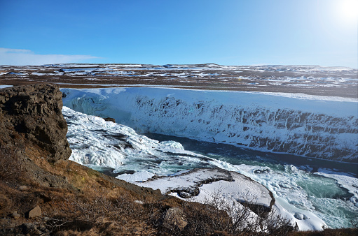 Amazing aerial winter landscape view of Gullfoss waterfall in Iceland.