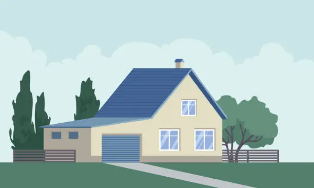 Vector illustration of Simple suburban house, residential cottage, real estate countryside building exterior. Home facade with garden and green lawn.