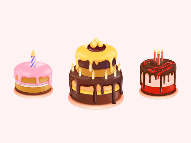 istock 3d birthday cakes. Glazing realistic cake with candles for present anniversary celebrate, cupcake pastry dessert sweet bread confectionery, isolated cakes exact vector illustration 1840060560