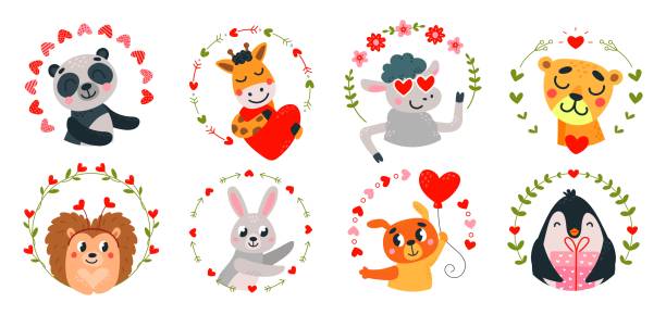 Funny animals in love frames. Cartoon romantic animal with hearts. Cute panda and bunny, sheep and giraffe. Valentines day classy vector characters Funny animals in love frames. Cartoon romantic animal with hearts. Cute panda and bunny, sheep and giraffe. Valentines day classy vector characters of cute romantic animal cartoon illustration happy valentine day clip art stock illustrations