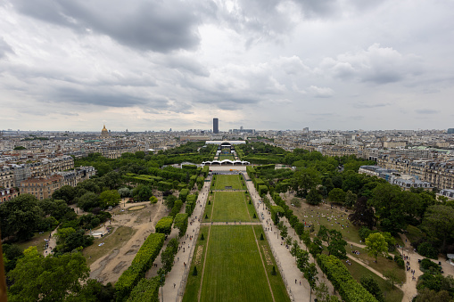 An aerial view of Paris skyline, with typical architecture and iconic landmarks