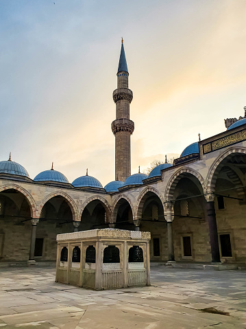 Minaret of Suleymaniye mosque in Istanbul (Suleymaniye Camii) in Istanbul, Turkey