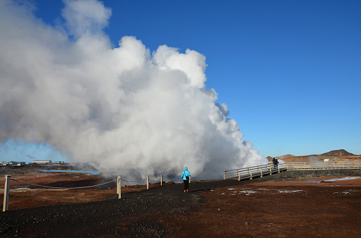 Hot springs path in Iceland. Icelandic landmarks.