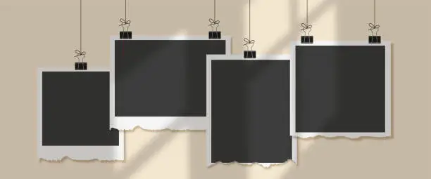 Vector illustration of Empty photo picture frames with binder clips hanging rope. Photo frame collection with torn effects