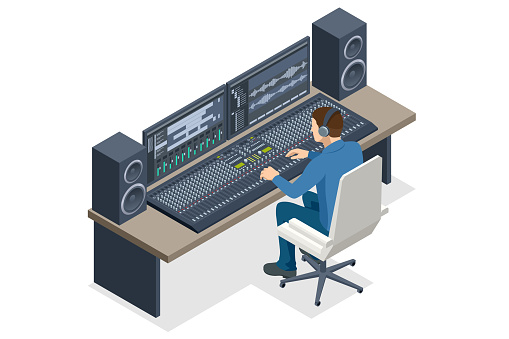 Isometric Music Recording Studio. Engineer working on recording studio mixer. Producer Working in Music Recording Studio.