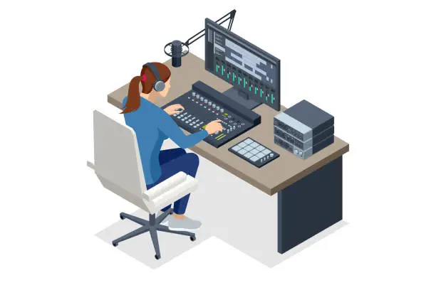Vector illustration of Isometric Music Recording Studio. Engineer working on recording studio mixer. Producer Working in Music Recording Studio