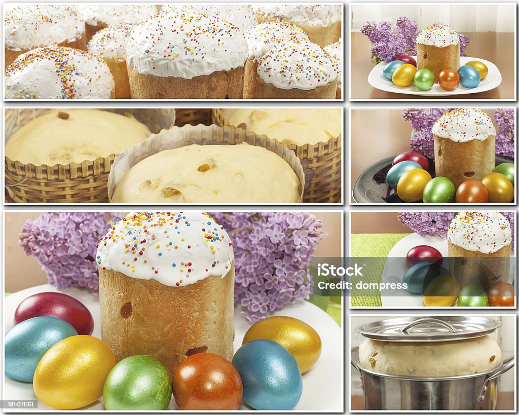 Tortas y huevos de Pascua pintados collage - Foto de stock de Alimento libre de derechos