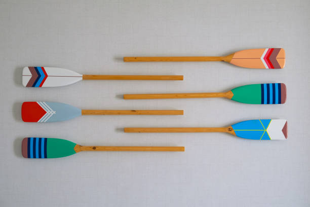 Several decorative wooden oars hang horizontally on a white wall.