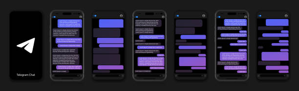 Telegram mockup on a black background. Telegram on social media screen. Social network interface template. Telegram photo frame. Voice messages and chats on the iphone screen. Telegram mockup on a black background. Telegram on social media screen. Social network interface template. Telegram photo frame. Voice messages and chats on the iphone screen phone text message mockup stock illustrations