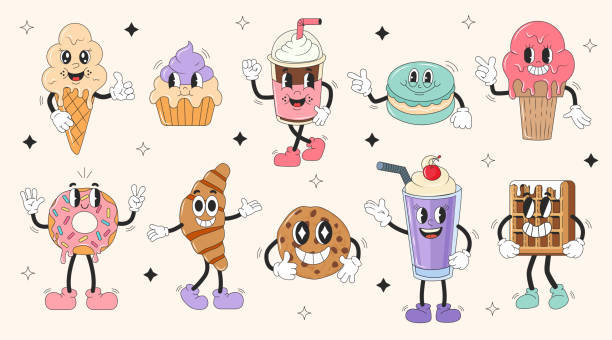 Set retro cartoon characters. Sweets in groovy style. Modern illustration with cute comics characters. 60 -70s vibes sticker set.