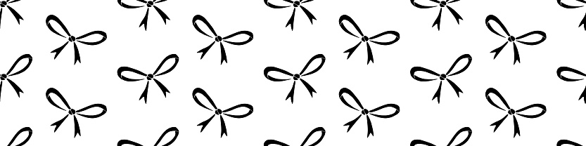 Seamless pattern with small black flat bows, ribbons. Cute fun simple abstract vector background, texture for fabric, wrapping paper, girls design