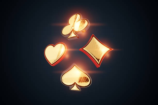 istock Creative casino background, poster template, gaming design, flyer, banner, website header, advertisement. Golden 3d figures of casino playing cards suits. 3D render, Copy space. 1840124145