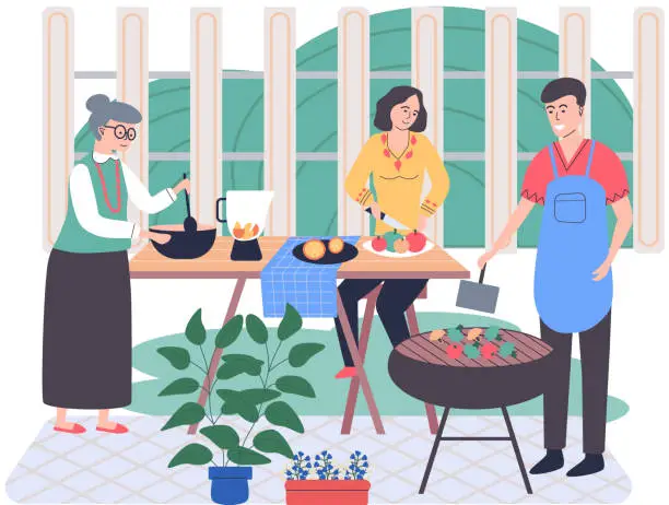 Vector illustration of People cooking vegetarian food. Vector illustration. Man and woman in the kitchen