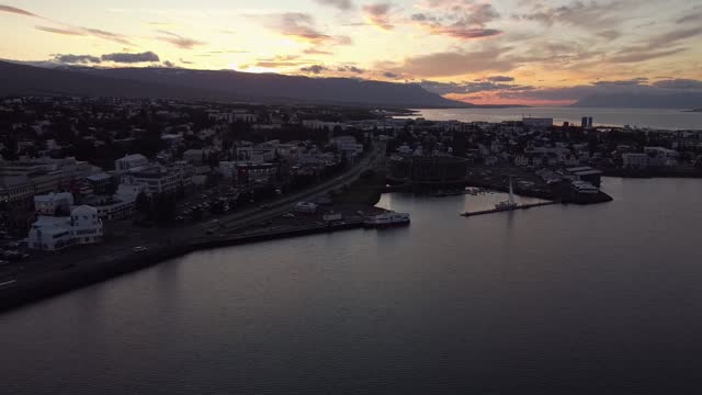 Aerial over the port of Akureyri, Iceland at sunset