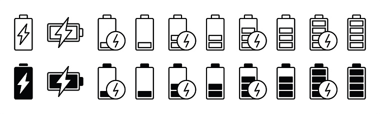 Battery icon set. Battery charge level. Battery Charging indicator in thin line and flat icon collection. Vector illustration