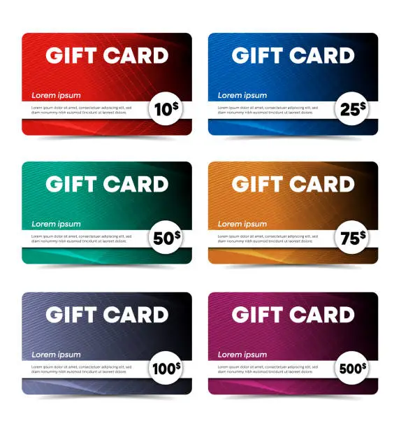 Vector illustration of gift cards of different values multicolored template