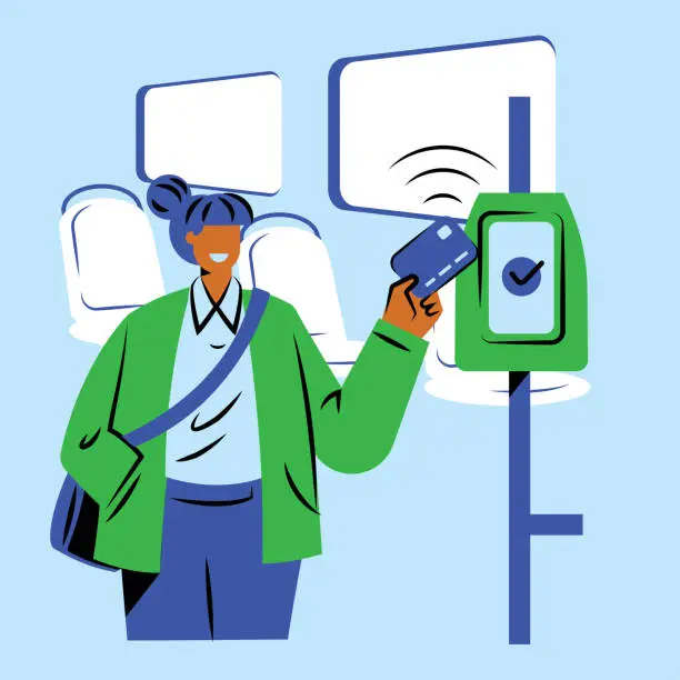 Vector illustration of working woman paying fare on bus illustration