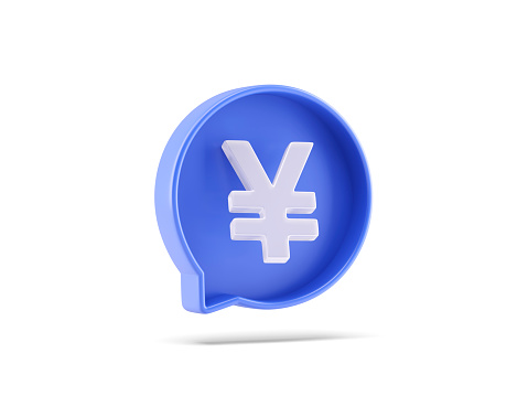 Speech bubble with yen icon on blue background, world finance concepts. 3d illustration