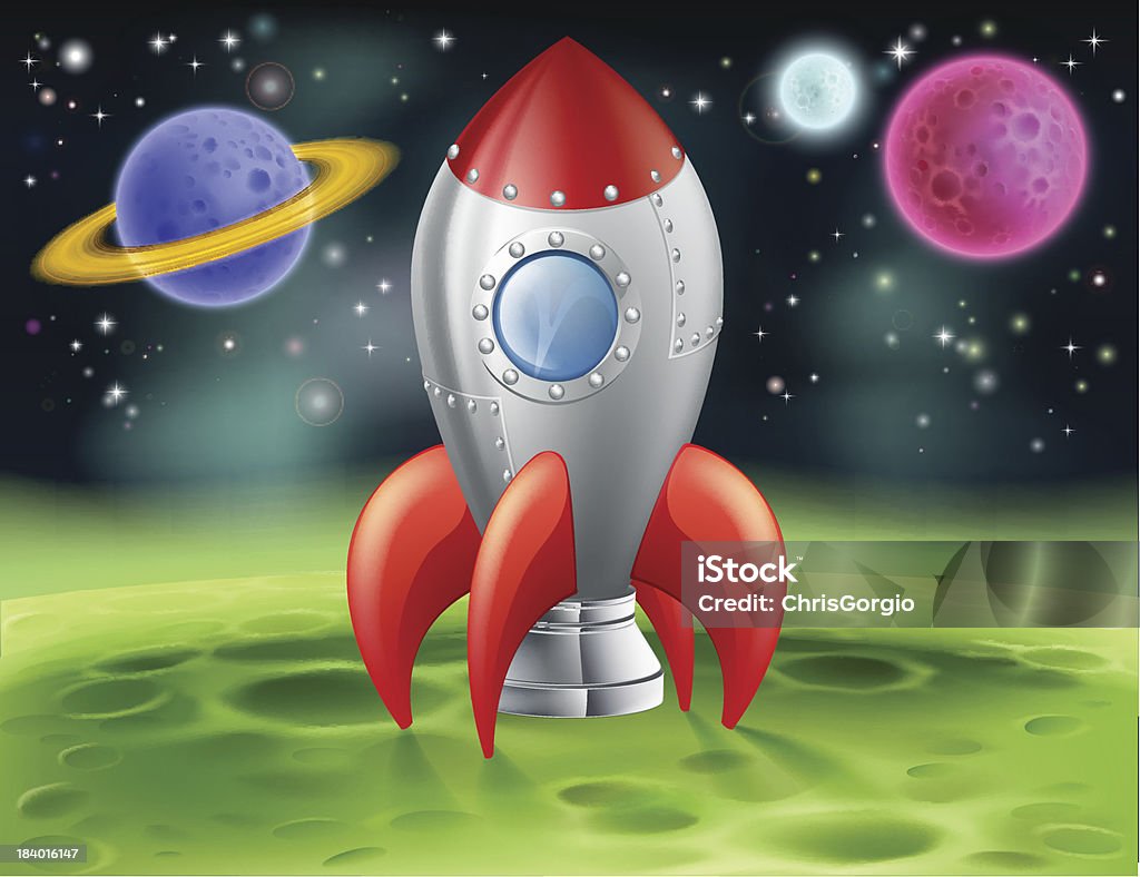 Historieta cohete en el espacio extraterrestre planeta - arte vectorial de Espacio exterior libre de derechos