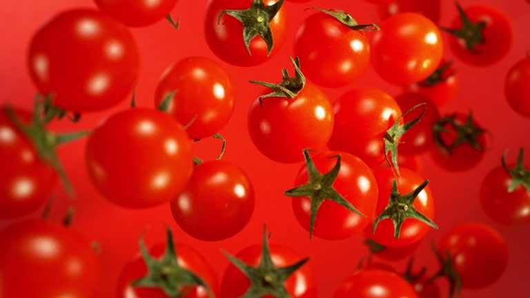 Super Slow Motion Shot of Flying Cherry Tomatoes