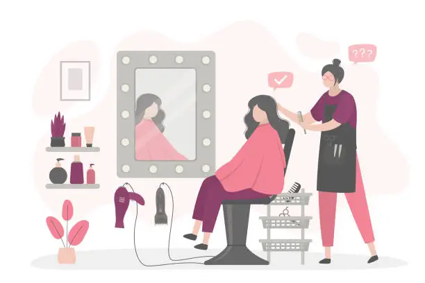 Vector illustration of Beauty salon, specialist hair stylist doing haircut for female character sitting in chair. Caucasian client getting hairdo. Professional treatment, hairdressing in special center.