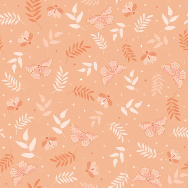 Vector illustration of butterfly and firefly peach fuzz color. botanical garden seamless pattern.