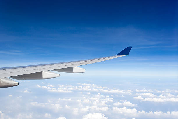 istock Wing of airplane in blue sky 184020773